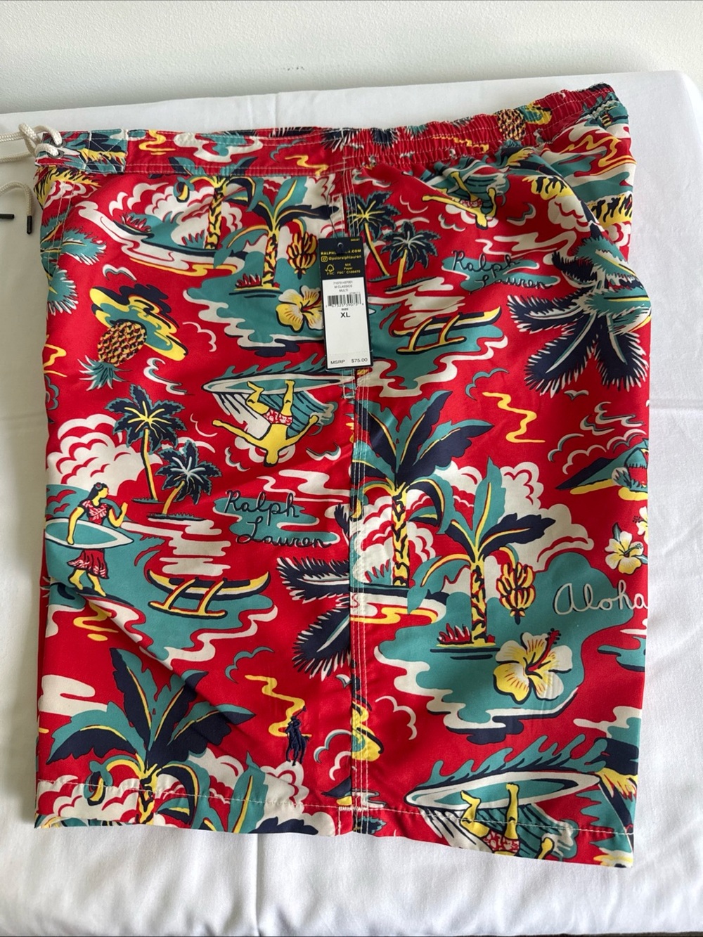 NWT Polo Ralph Lauren Traveler Swim Trunks Red Aloha Tropical Print XL